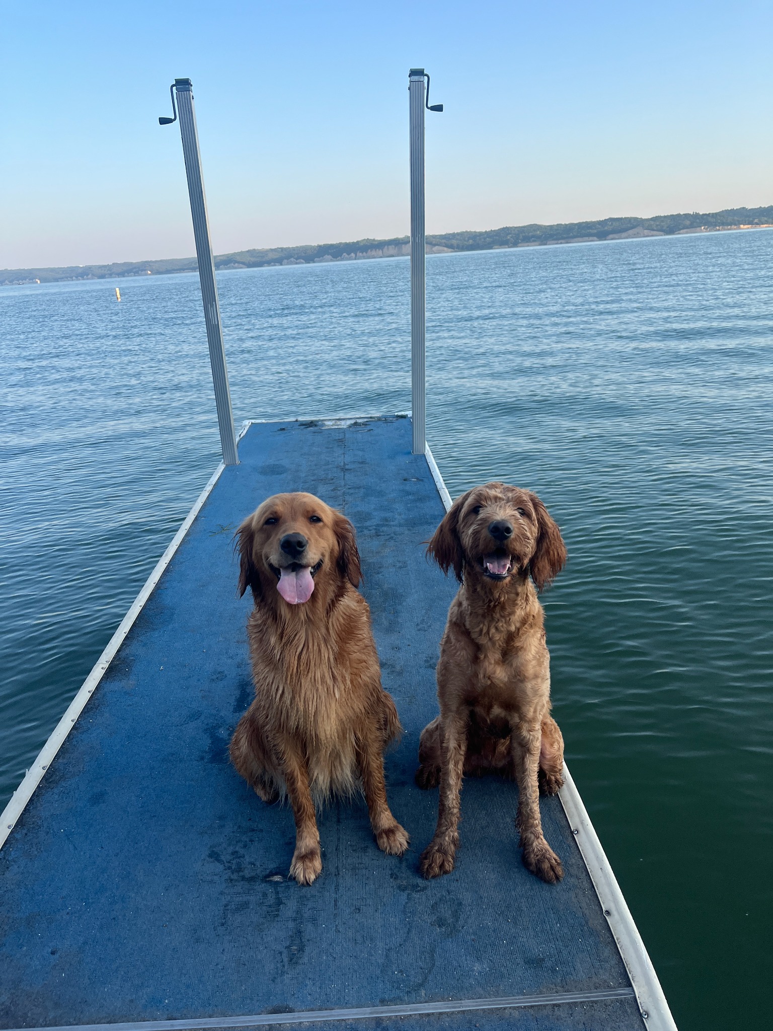 Banks and Baylor together on a dock by the lake